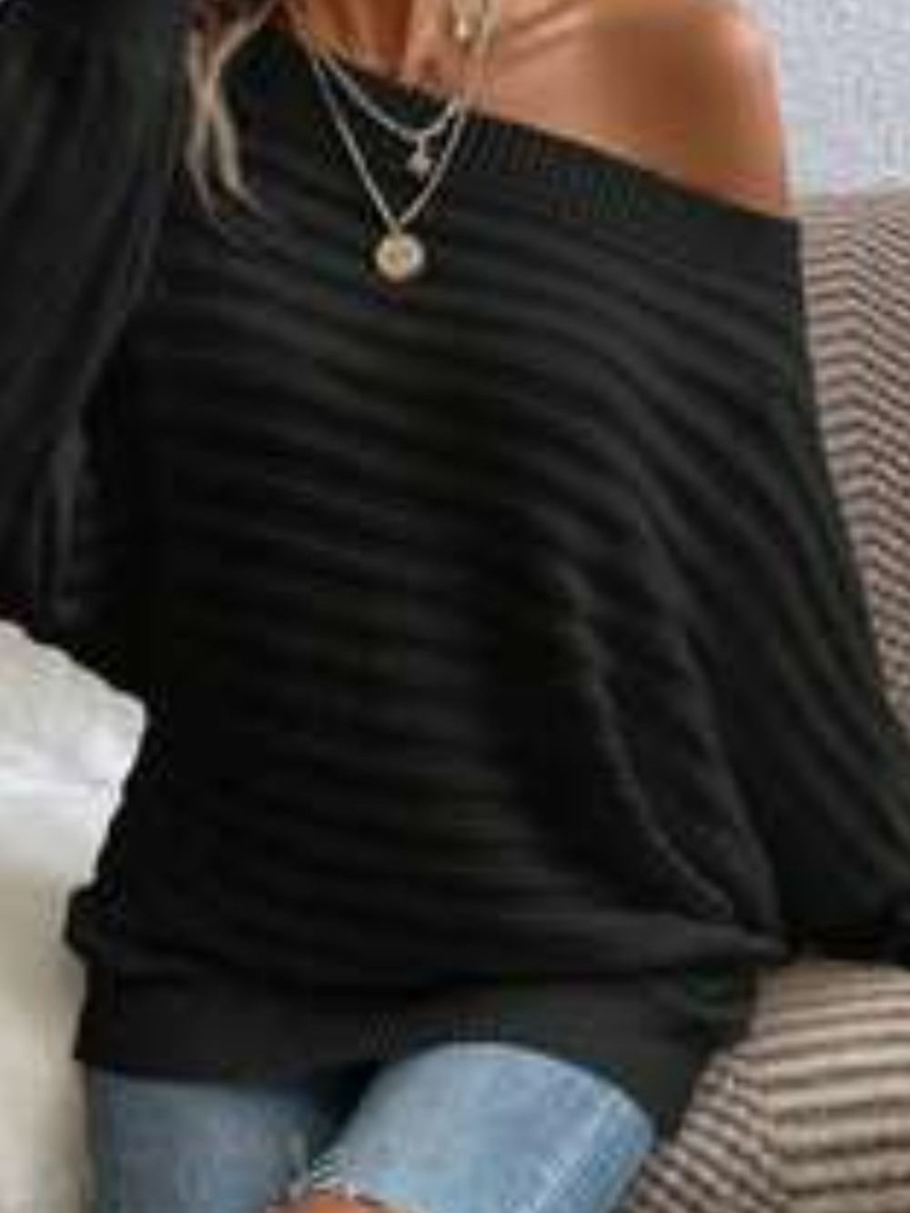 Off-the-Shoulder Black Ribbed Sweater